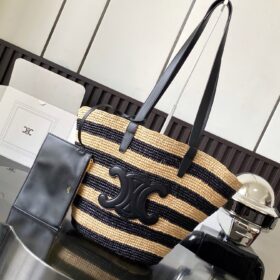 Celine Striped Couffin Panier Raffia Tote